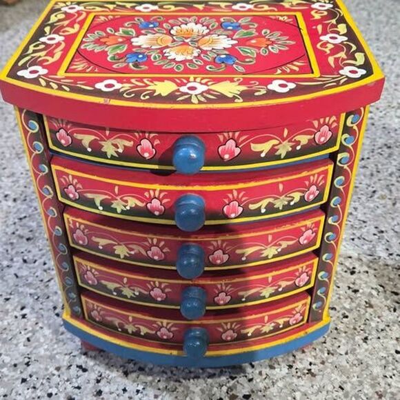 Unbranded Other - Vintage Indian Hand Painted Wooden Jewelry Chest 5 Drawer Rajasthani Folk Art 10